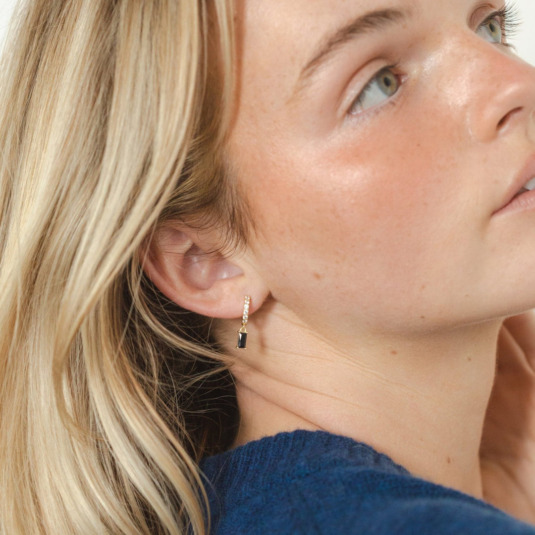 Carrie Gold Drop Baguette Huggie Earrings- Quill Fine Jewelry
