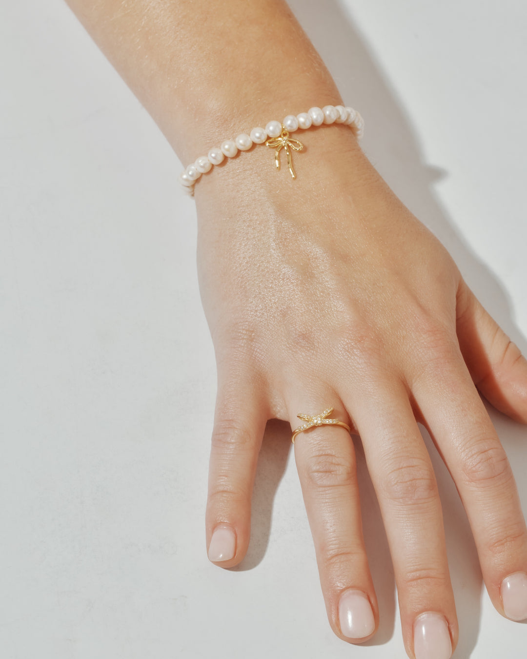 June 14k Gold Vermeil Bow Charm Pearl Bracelet