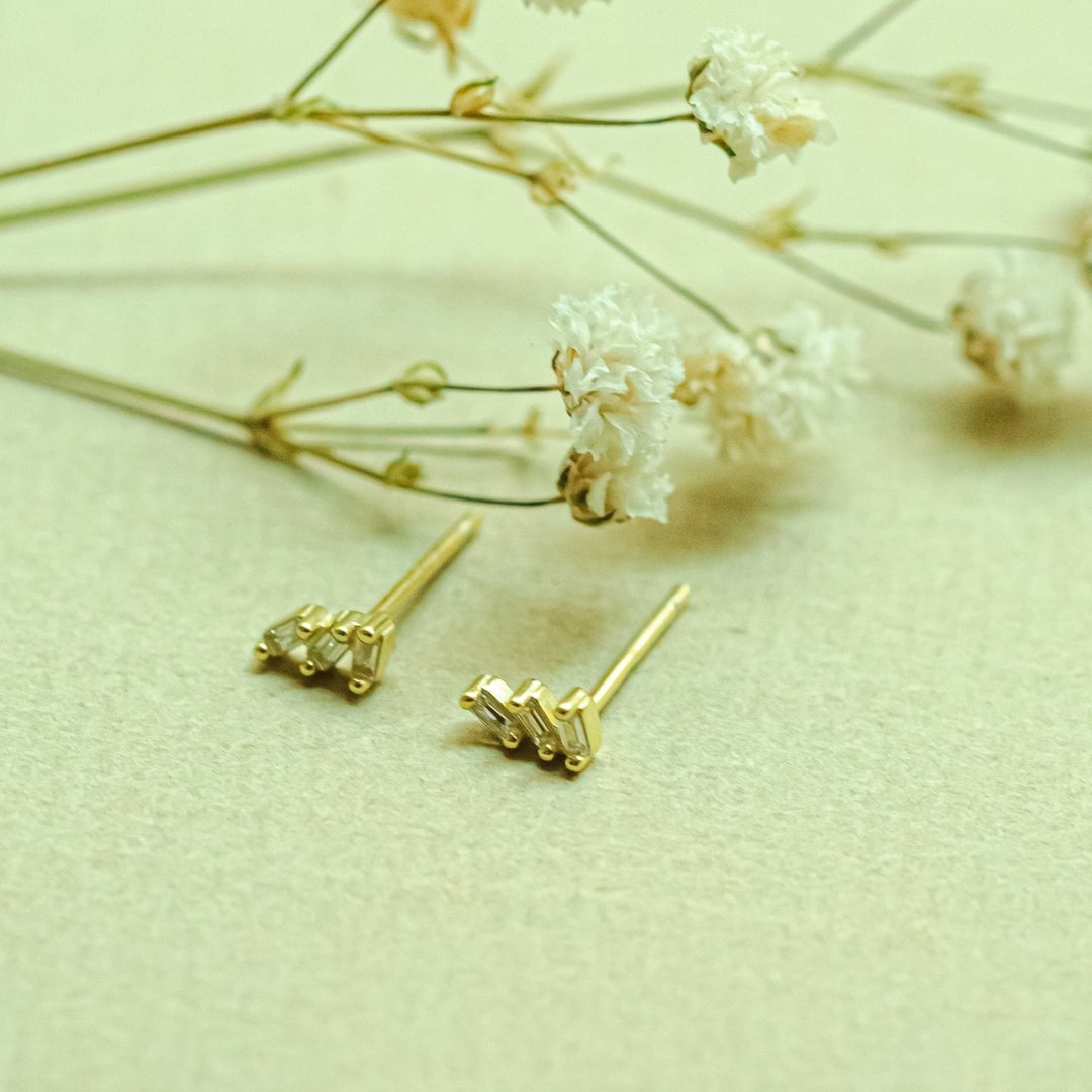 Miu Tiny Triple CZ Baguette Gold Stud Earrings- Quill Fine Jewelry