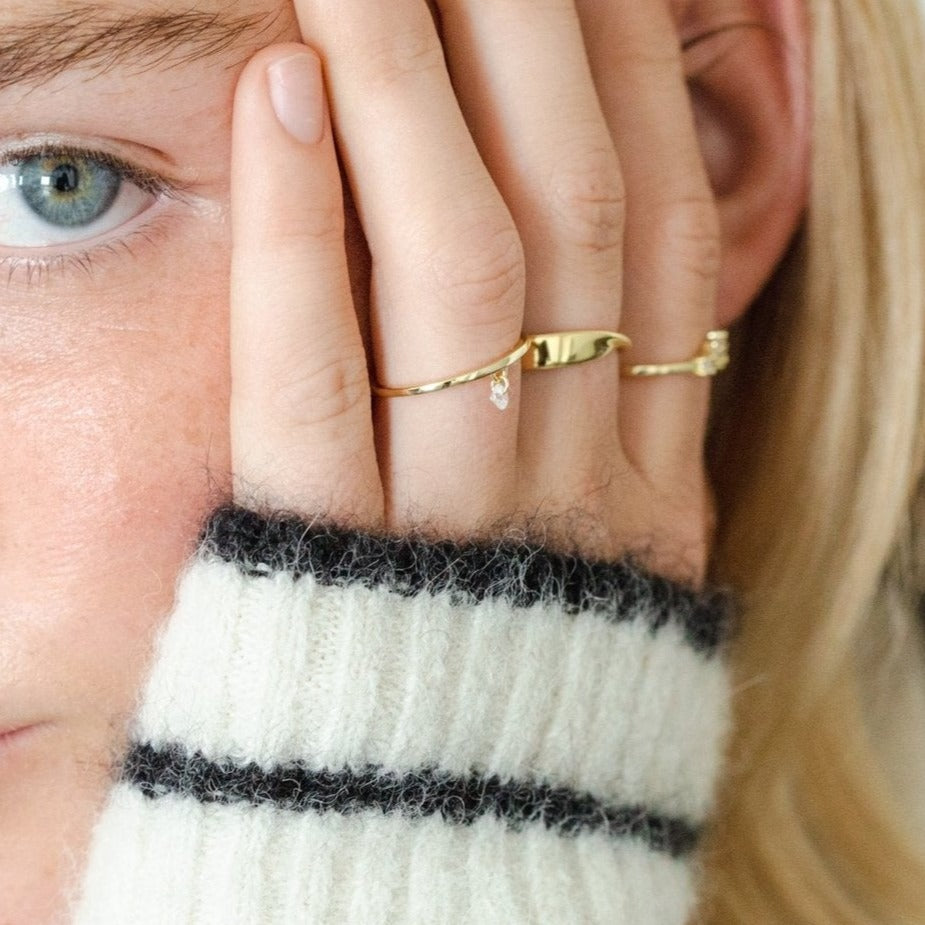 Moon Dangle CZ Stone Gold Ring- Quill Fine Jewelry