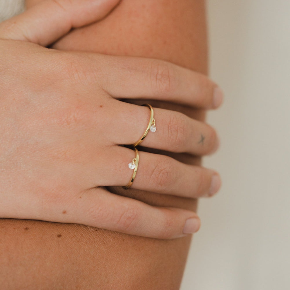 Moon Dangle CZ Stone Gold Ring- Quill Fine Jewelry