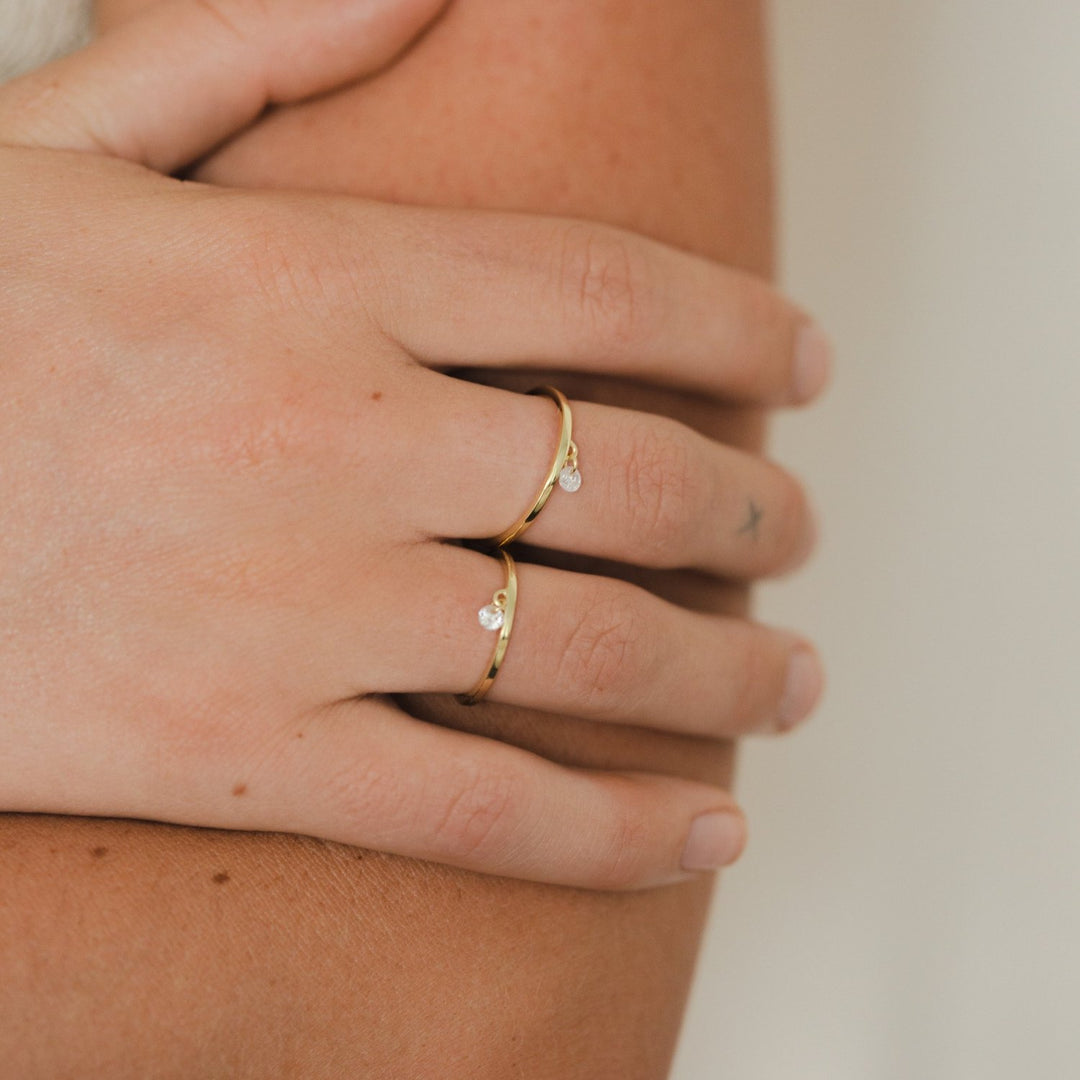 Moon Dangle CZ Stone Gold Ring- Quill Fine Jewelry