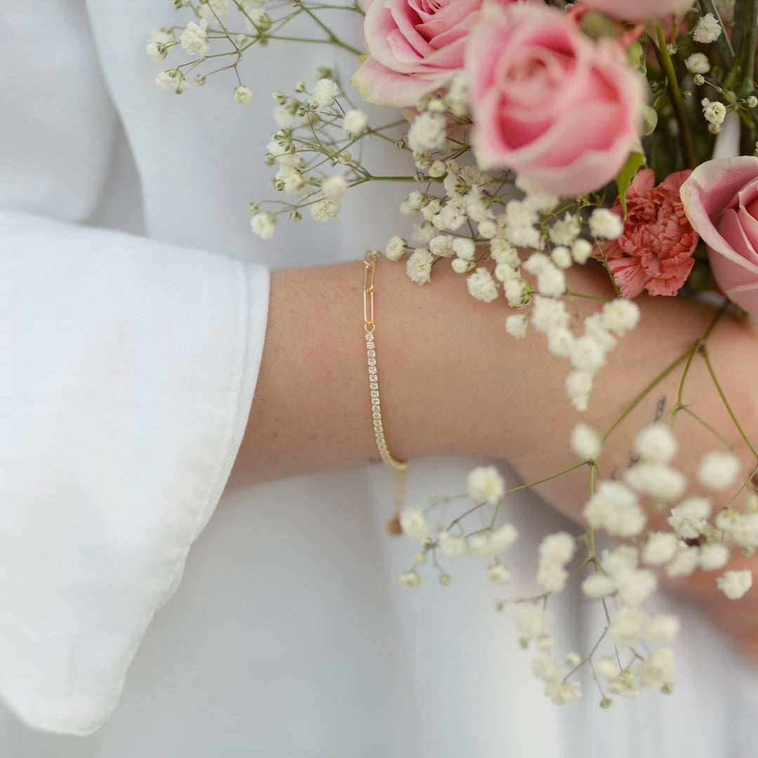 Naomi Gold Tennis Bracelet with Square Link Chain- Quill Fine Jewelry
