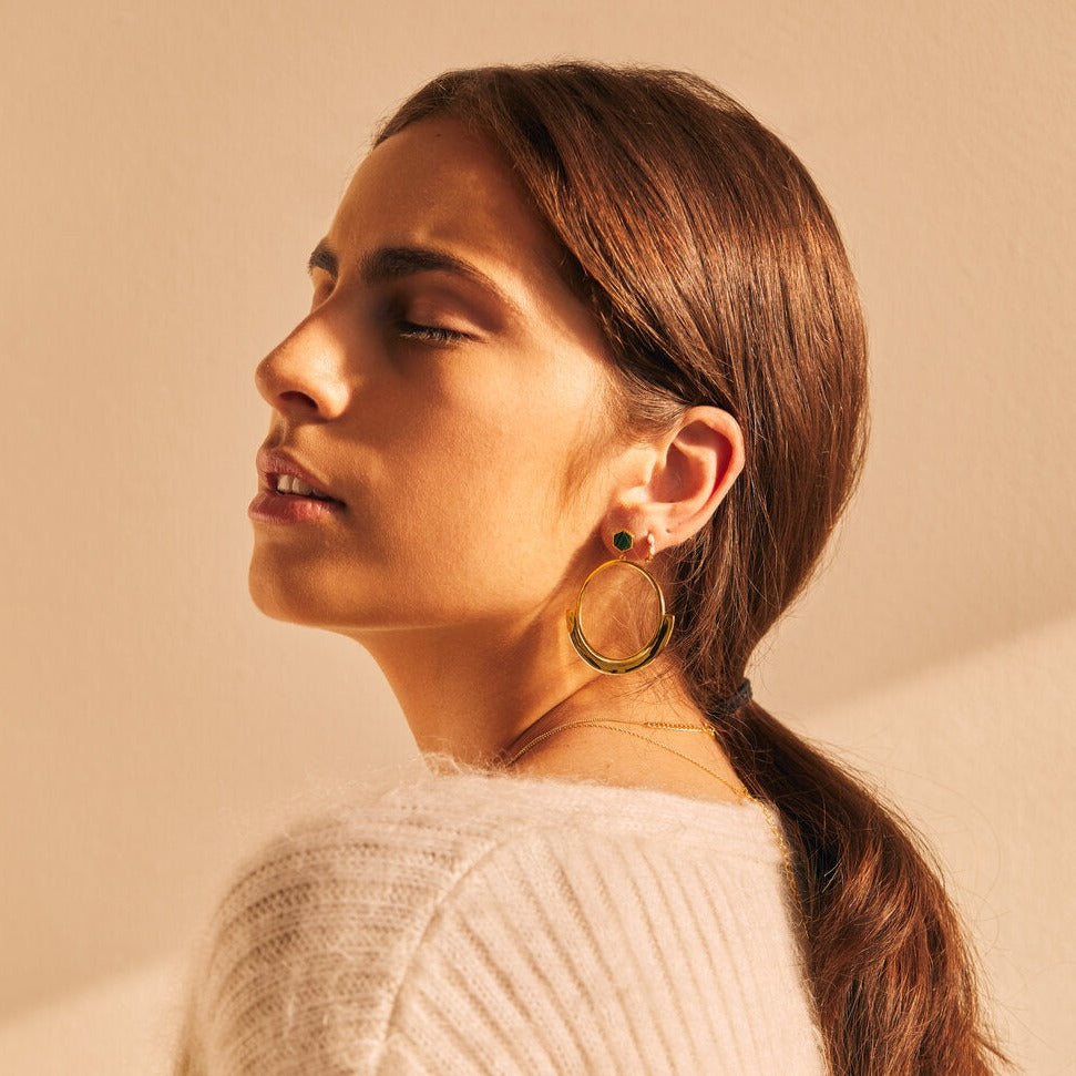 Hexagonal Malachite Gold Hoop Post Earrings- Quill Fine Jewelry