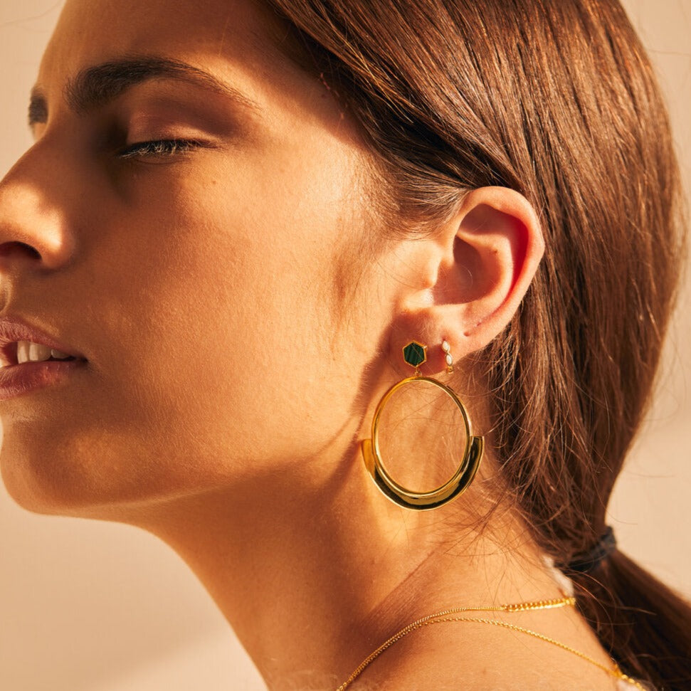 Hexagonal Malachite Gold Hoop Post Earrings- Quill Fine Jewelry