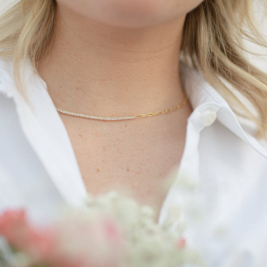 Naomi Gold Tennis Necklace with Square Link Chain- Quill Fine Jewelry