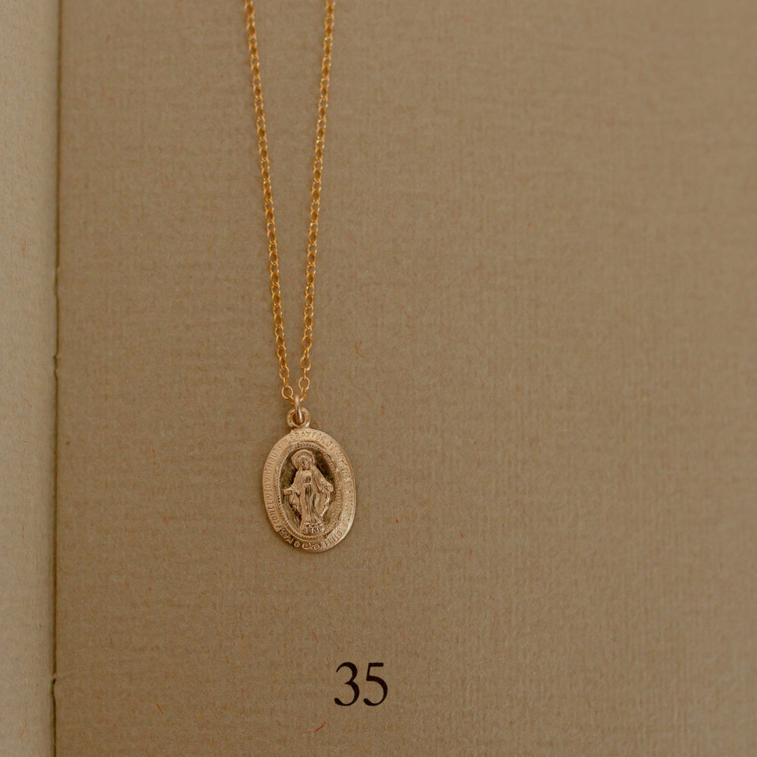 Saint Mary Oval Pendant 14k Gold Coin Necklace-Quill Fine Jewelry