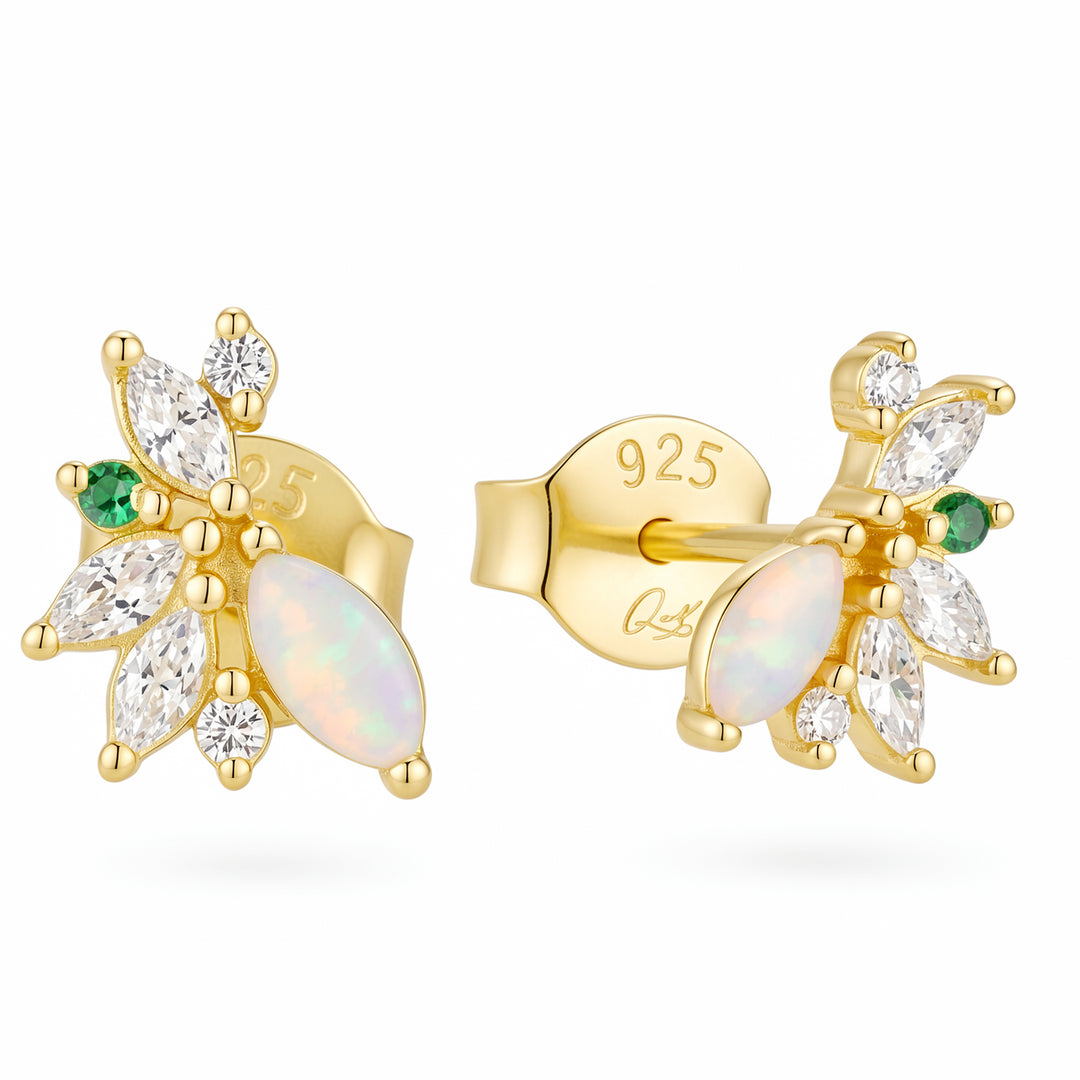 Dew 14K gold vermeil opal stud earrings with cubic zirconia accents
