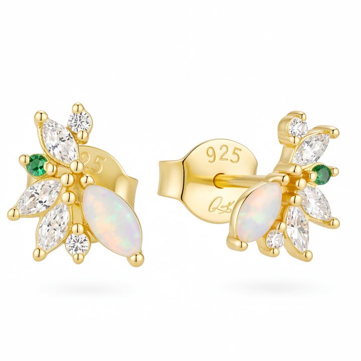 Dew 14K gold vermeil opal stud earrings with cubic zirconia accents