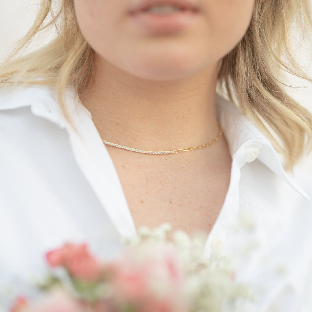 Naomi Gold Tennis Necklace with Square Link Chain- Quill Fine Jewelry