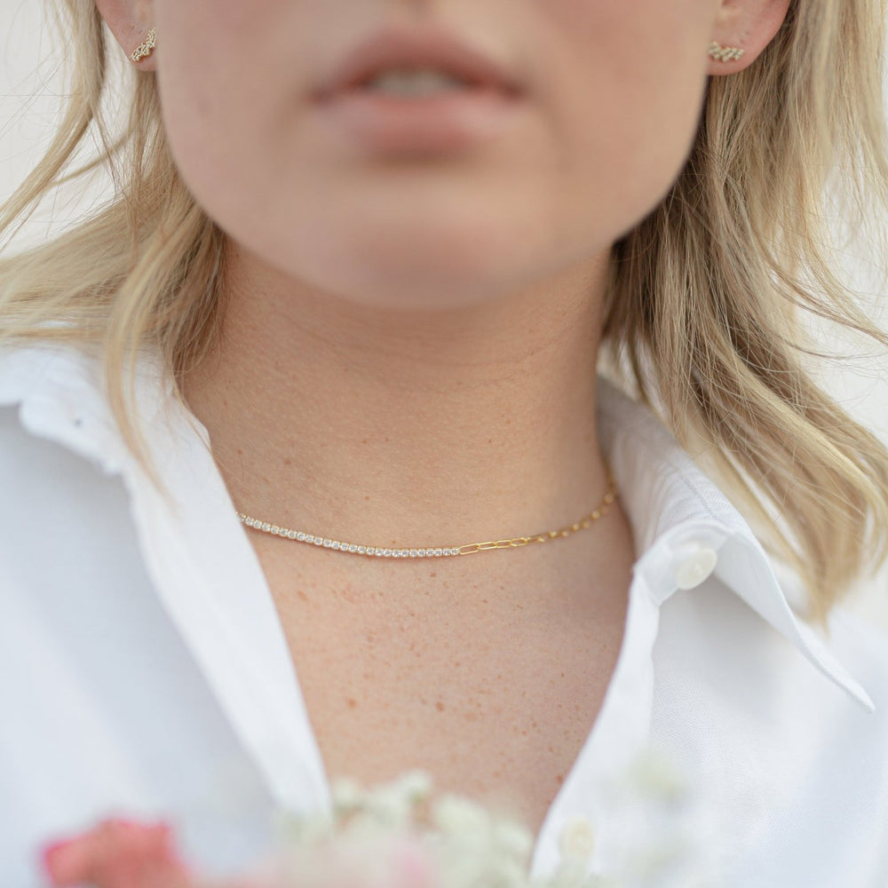 Naomi Gold Tennis Necklace with Square Link Chain- Quill Fine Jewelry