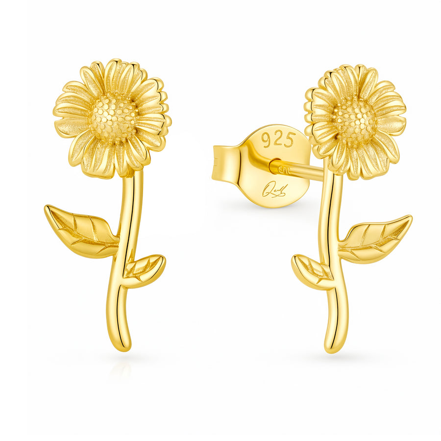 Soleil 14K gold vermeil flower stud earrings with delicate stem and leaf design