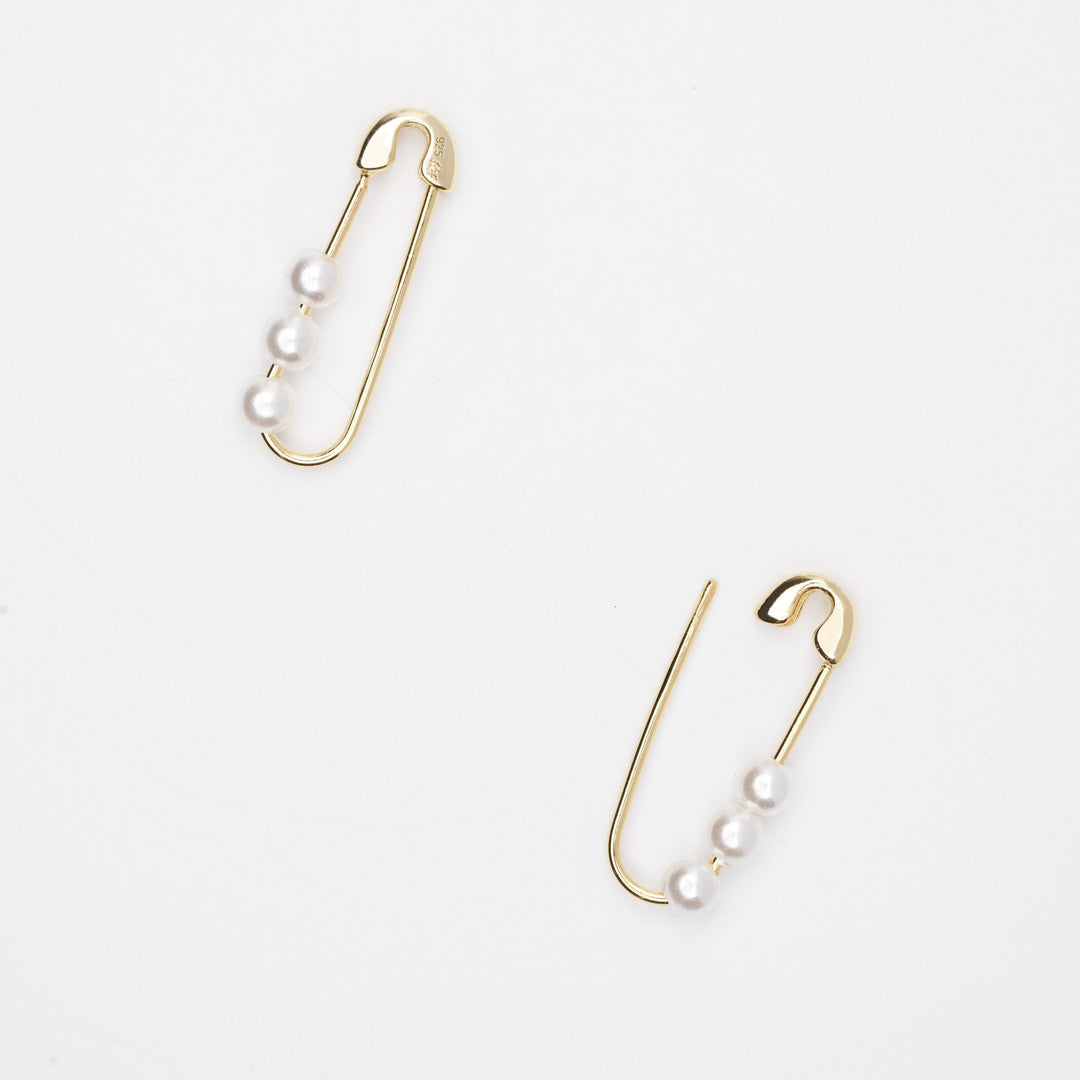 Elle Pearl and Gold Safety Pin Earrings- Quill Fine Jewelry
