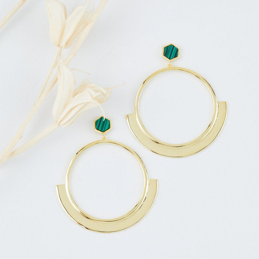 Hexagonal Malachite Gold Hoop Post Earrings- Quill Fine Jewelry